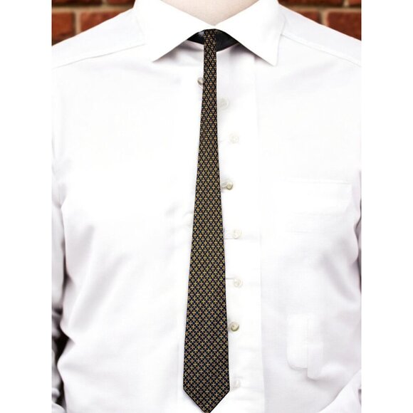 Maria - Thereza Mimoso Geometric Pattern 100% Silk Tie Navy Blue and Gold Made I - Picture 1 of 7